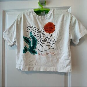 ZARA Kids White Tshirt Sz 11-12 Ocean Beach Casual  Applique Stitching